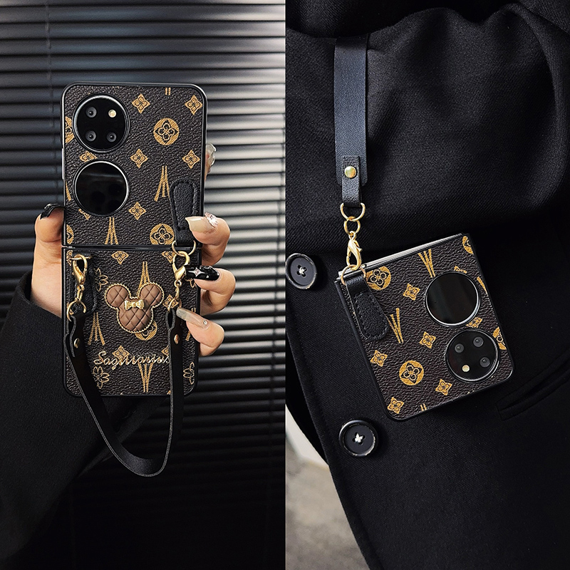 适用华为p50pocket手机壳新款pocket2套pockets高级皮纹挂绳女款x