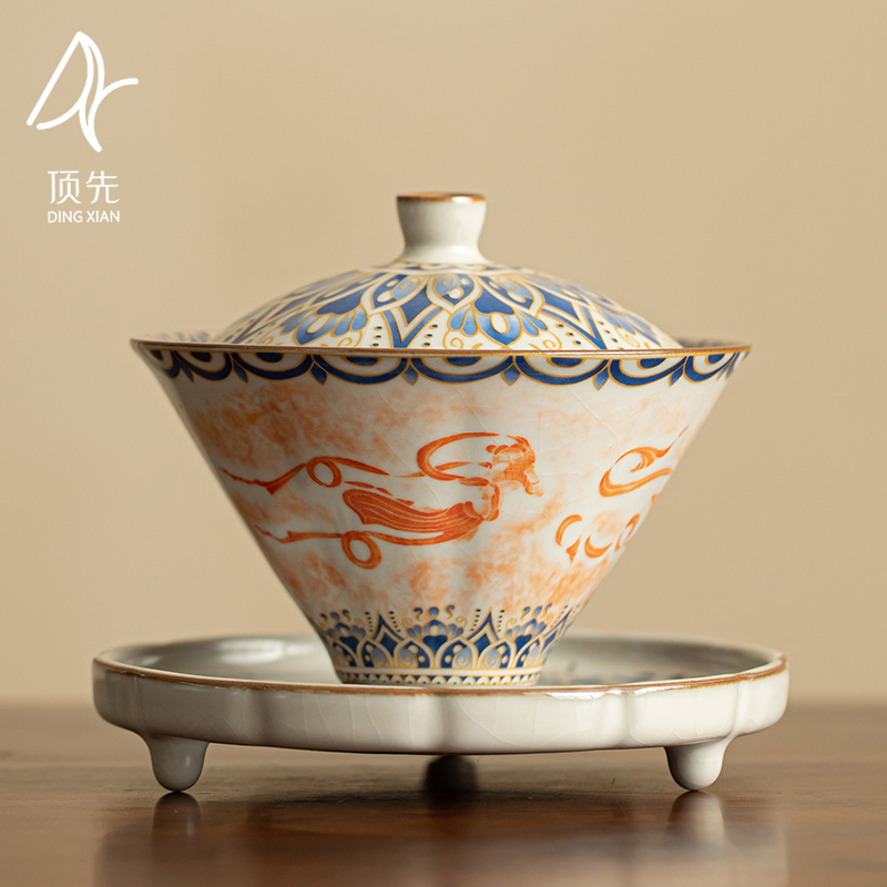 顶先当代汝窑飞天斗笠盖碗家用功夫茶具复古陶瓷泡茶碗三才 A9533