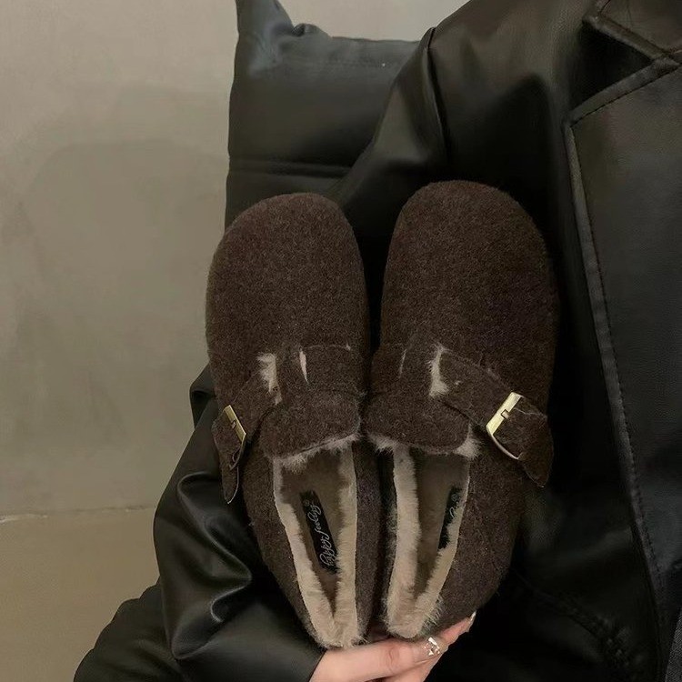 厚底毛毛鞋女冬外穿2025森系复古勃肯鞋女加绒懒人一脚蹬棉鞋
