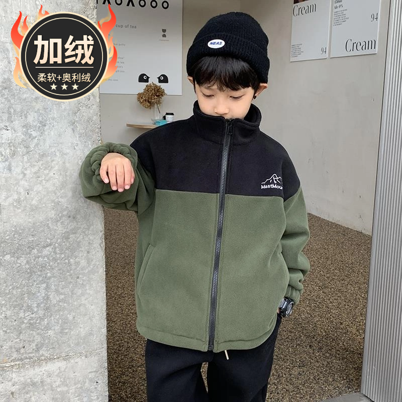 双面加绒韩版立领春季男童中大童季冬款撞色拼色儿童休闲加厚保暖