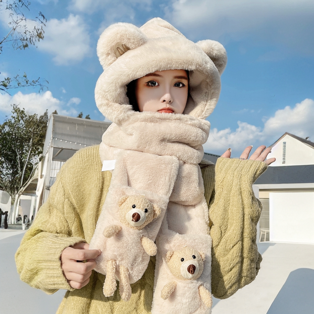 小熊可爱帽子女冬季加厚手套围巾一体围脖连帽毛绒百搭保暖三件套