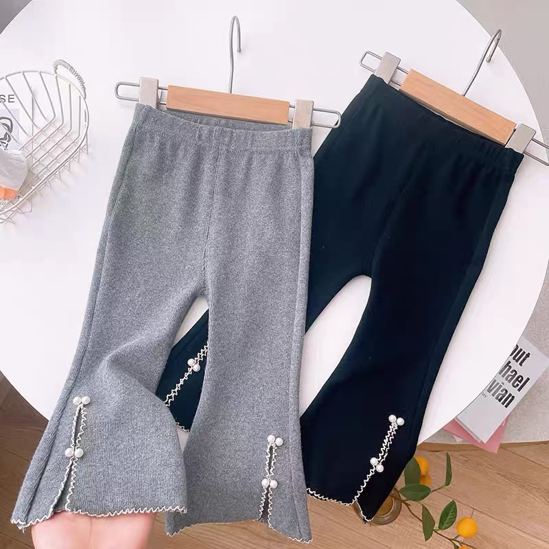 女童秋款珍珠开叉喇叭裤洋气女宝裤子打底裤小童长裤外穿公主时尚