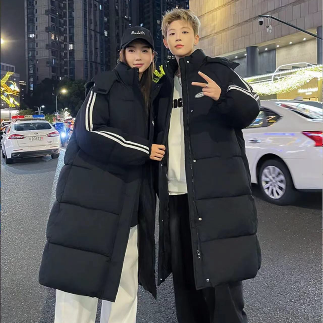 长款棉服学生宽松韩版保暖情侣过膝黑色纯色简约时尚百搭潮流冬季