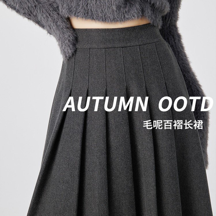 灰色百褶裙女长裙秋冬2025新款高腰显瘦a字裙子小个子毛呢半身裙