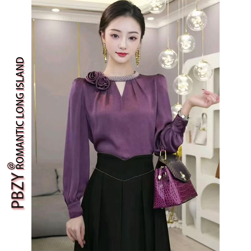 8852#小众设计感花朵长袖衬衫女装春秋季新款小衫上衣内搭打底衫