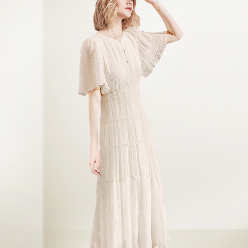 L455法式圆领荷叶袖连衣裙女2025年新款气质收腰短袖茶歇A字裙潮