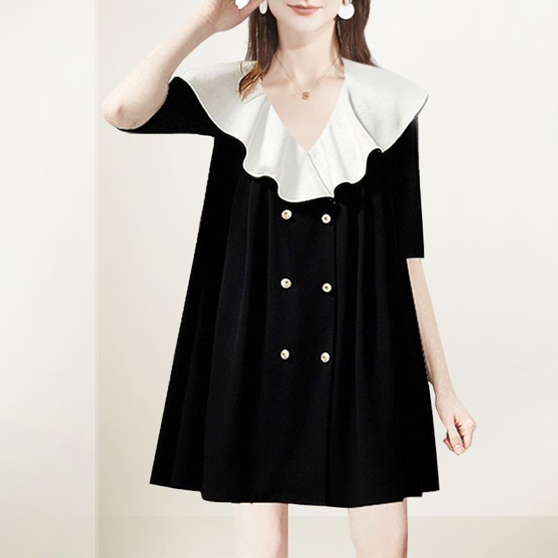 法式小个子茶歇连衣裙女2025年秋高级感荷叶边V领撞色桔梗连衣裙