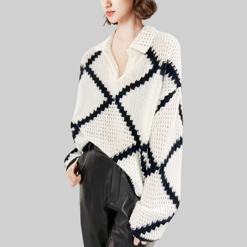设计感撞色镂空宽松针织衫女2025年秋冬新款黑白气质显瘦毛衣外套