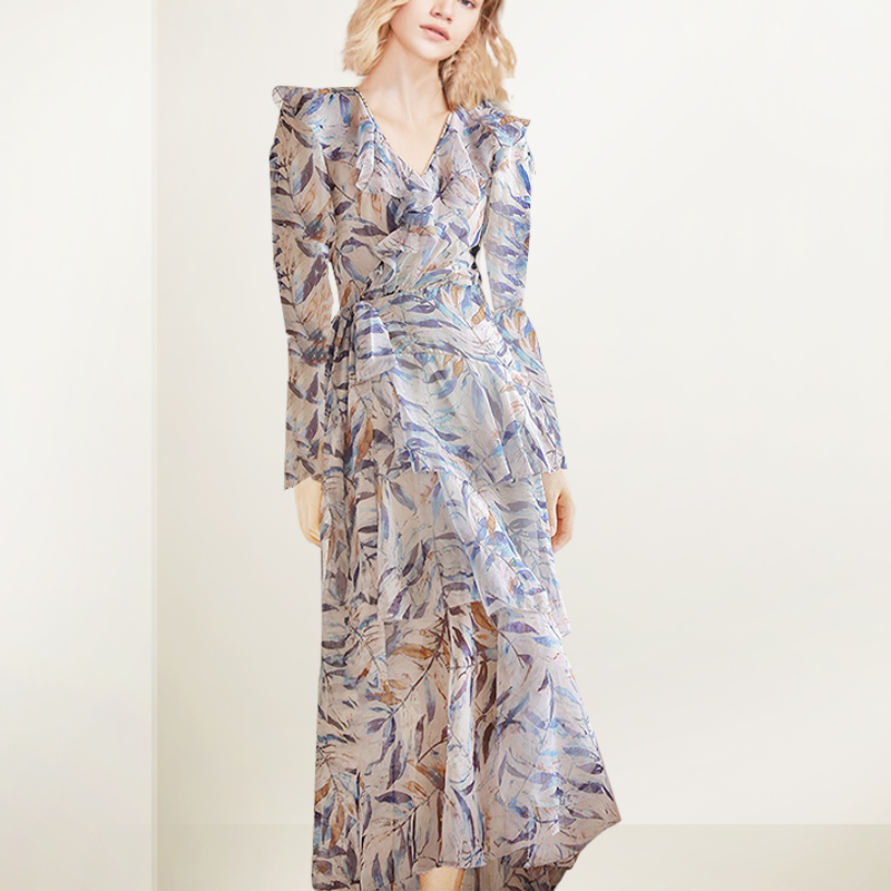 法式浪漫印花连衣裙女2025年秋装新款设计感V领高腰显瘦减龄长裙