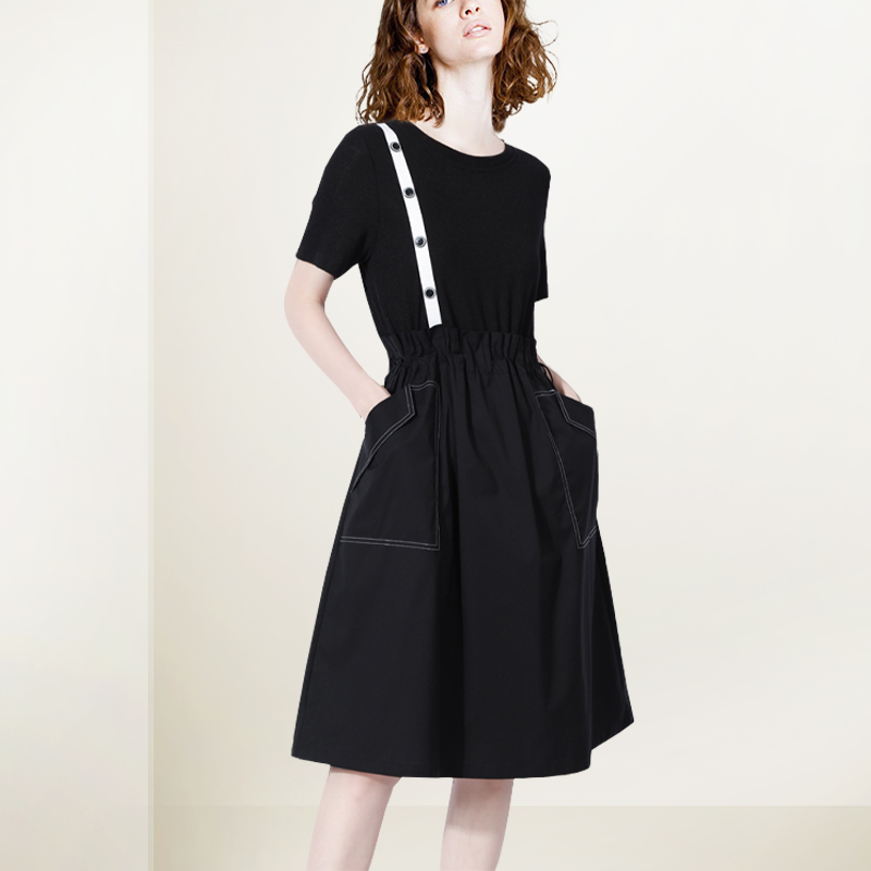 法式学院风减龄连衣裙女2025年夏季新款假两件拼接抽绳收腰中长裙