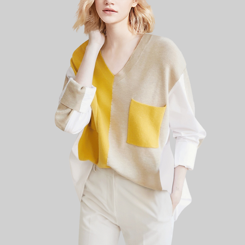 2025秋冬新款时尚撞色拼接针织V领套头宽松大码设计感减龄毛衣女