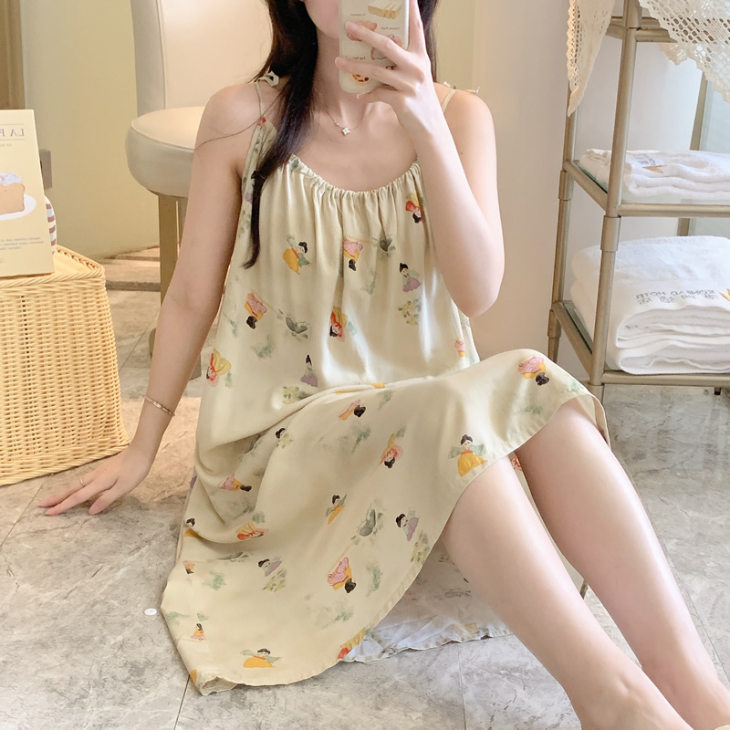 系带棉绸睡裙女夏季薄款少女性感吊带绵绸睡衣一字领人造棉连衣裙