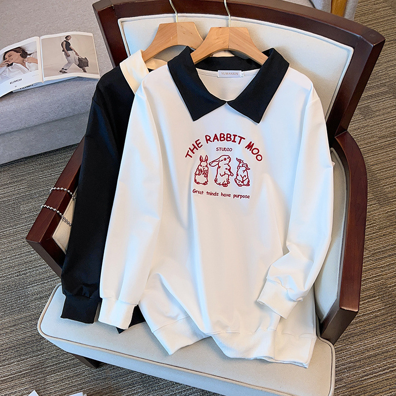 大码女装300斤胖MM韩版减龄拼接翻领卡通刺绣休闲卫衣7183