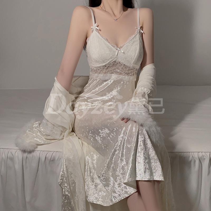 白色纯欲丝绒内衣甜美透视性感网纱加胸垫吊带睡裙外袍家居服套装