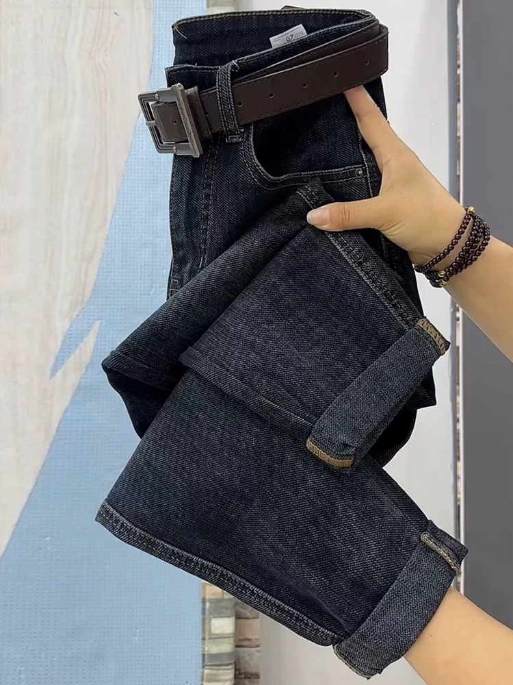 高腰卷边哈伦牛仔裤女宽松弹力显瘦梨形身材萝卜加绒九分老爹裤子