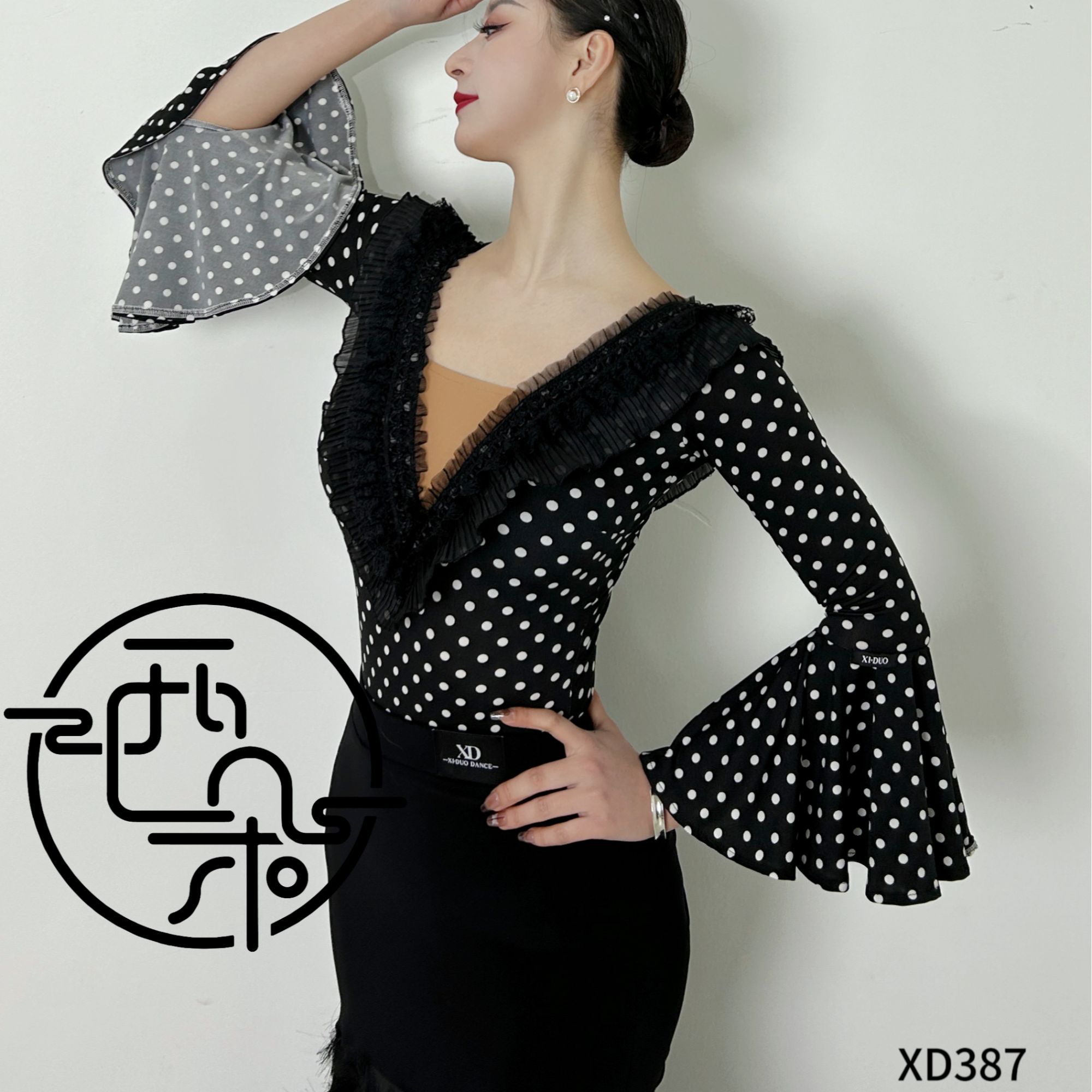西朵舞服摩登舞经典波点款练功服花边上衣XD387
