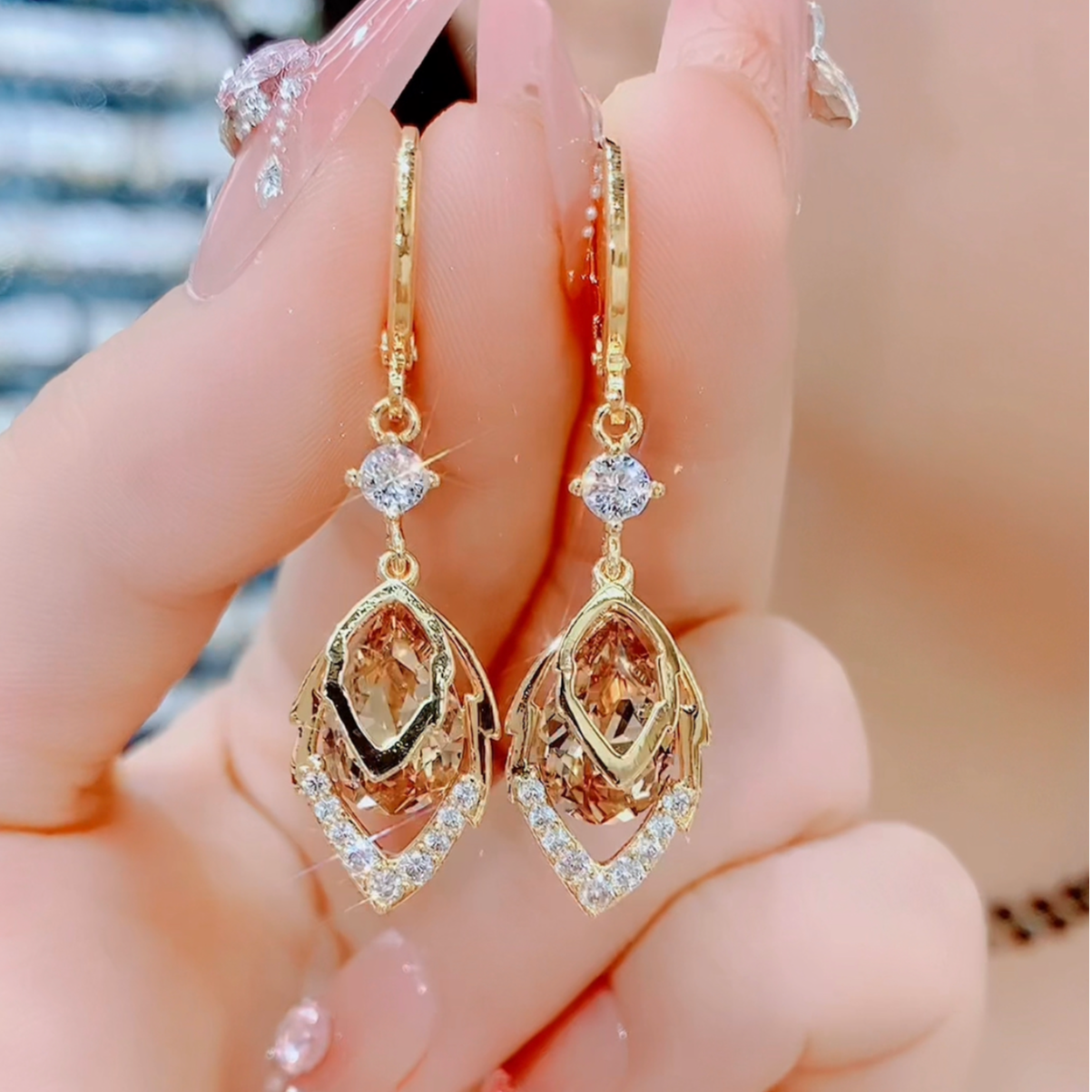 铜合金合成锆石耳饰 132金色叶子耳扣长款百搭小众气质素款耳环