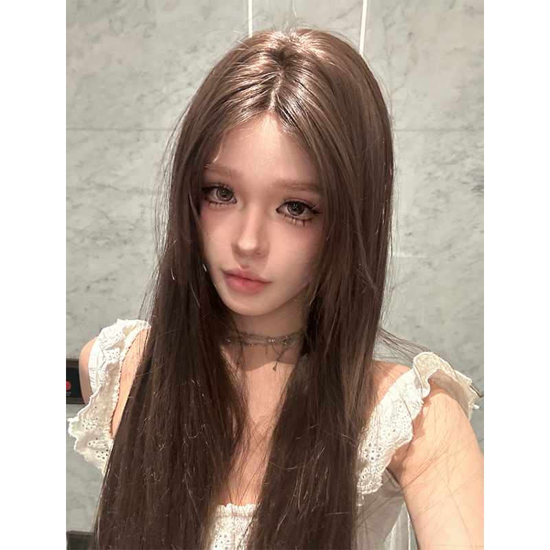 小圆-【韩系女主】中分女长直发小额蕾丝气质日常仿真头皮整顶假发