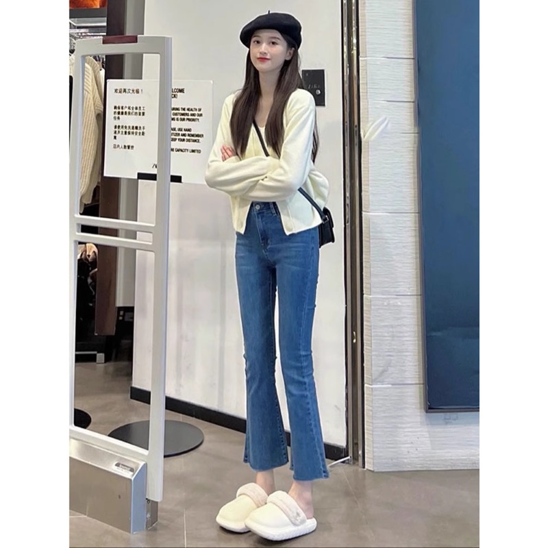 复古微喇叭牛仔裤女2024秋季高腰修身显高显瘦小个子九分毛边裤子