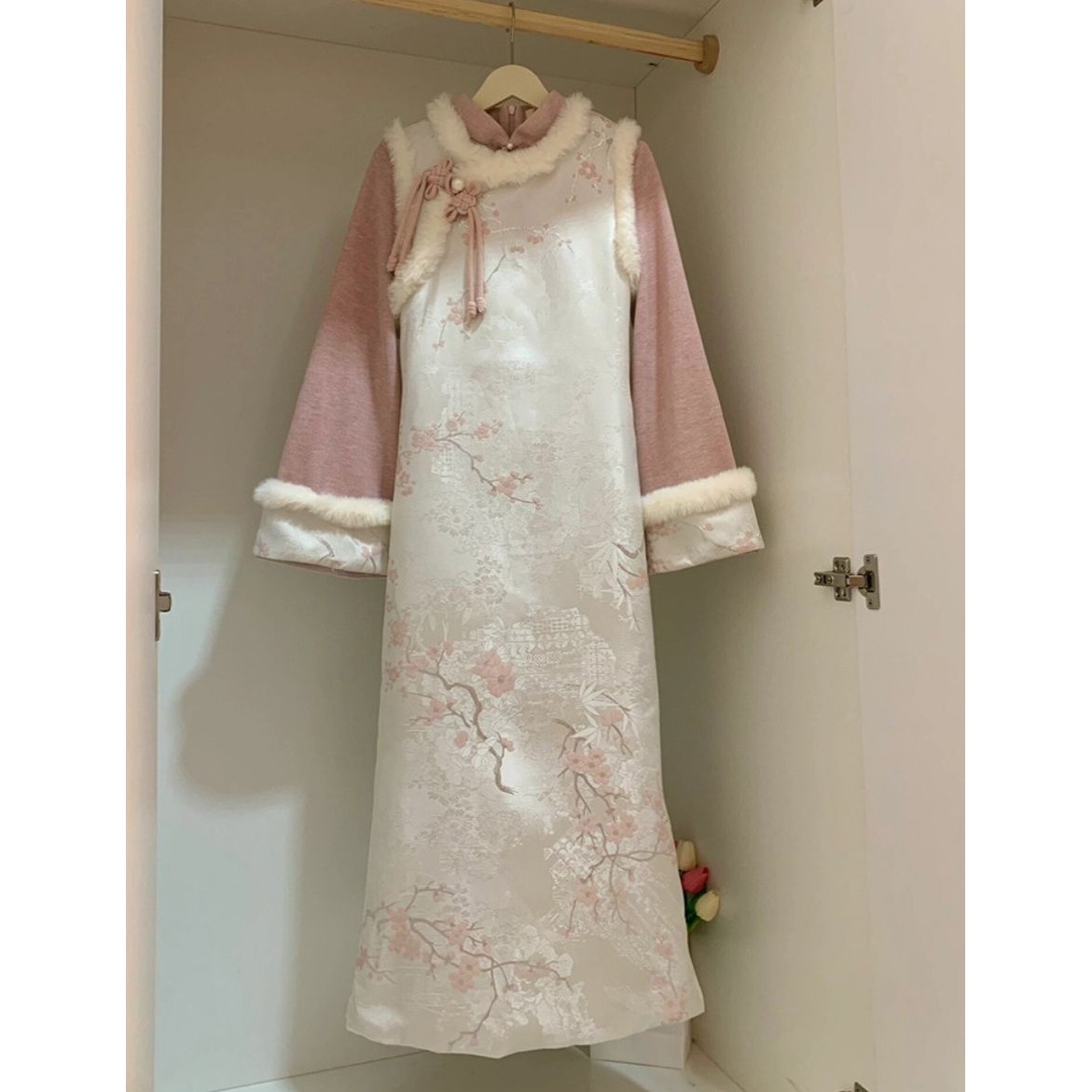 复古风粉白梅花长短马甲搭配旗袍裙套装新中式加绒2025秋冬季新款