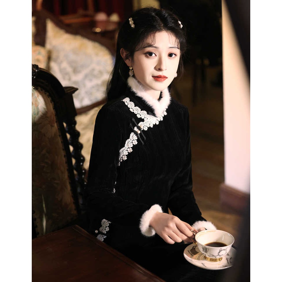 黑色旗袍新款2025秋冬季高级感复古风修身冬款加绒加厚新中式冬天