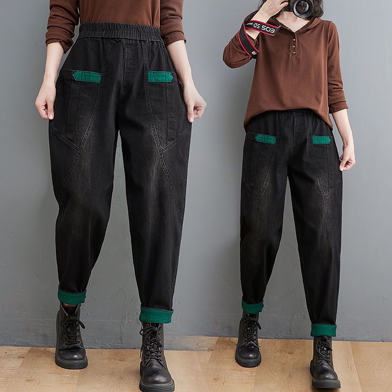 春秋季大码牛仔裤女复古民族风文艺哈伦裤宽松显瘦松紧腰老爹裤