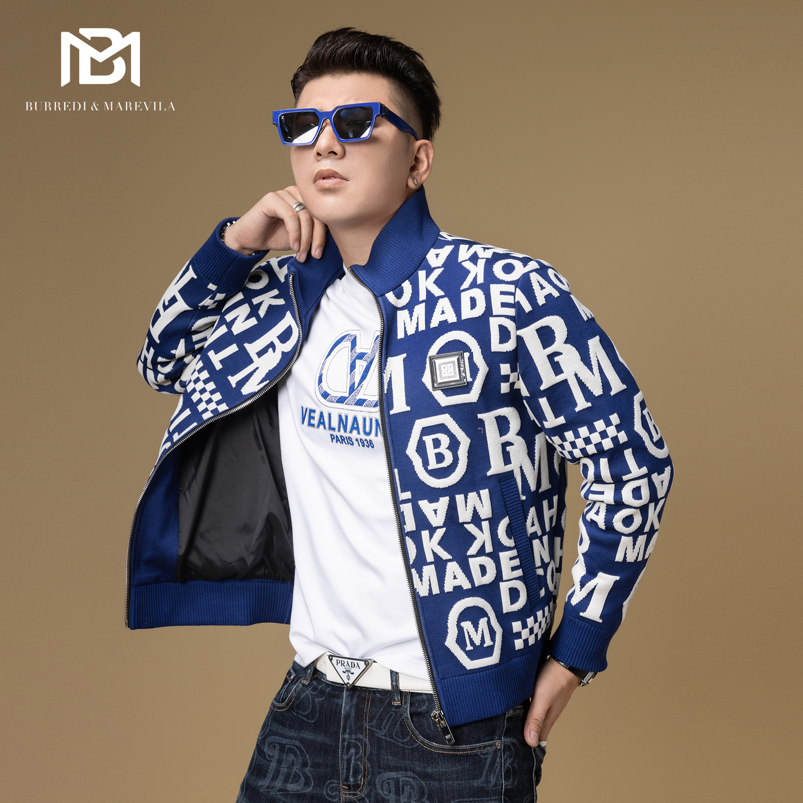 BM字母提花羊毛针织夹克外套男潮高级感立领男士秋装上衣2023新款
