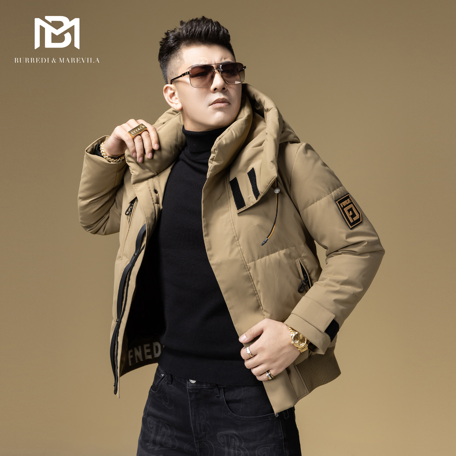 BM城市机能高端羽绒服男冬季2023新款潮牌卡其连帽保暖防寒服男款