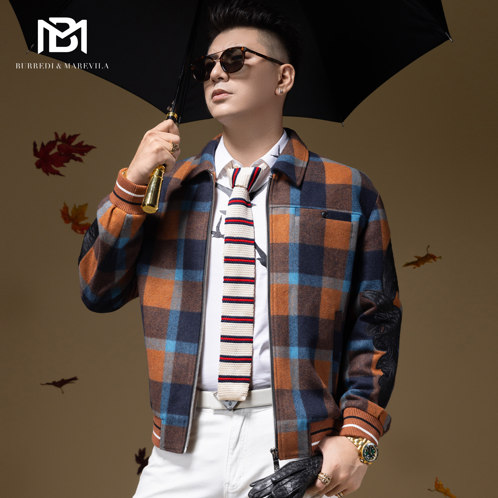 BM哥特字母拼皮翻领夹克外套男潮高级感格子男士秋装上衣2023新款