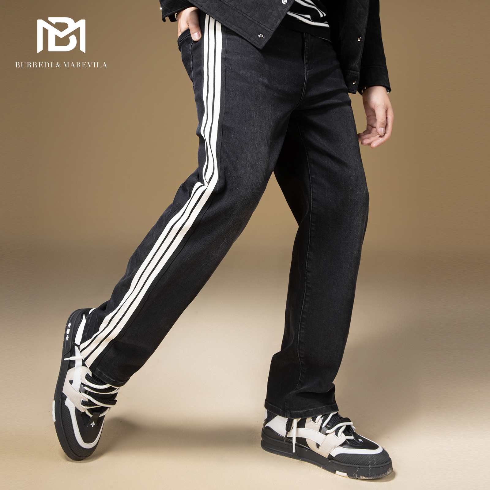 BM男士牛仔裤2023新款爆款条纹裤子潮牌痞帅炸街男士高端休闲裤秋