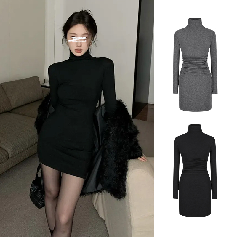 MosesQueen/魔西女王辣妹掐腰高领连衣裙女磨毛保暖显身材包臀裙