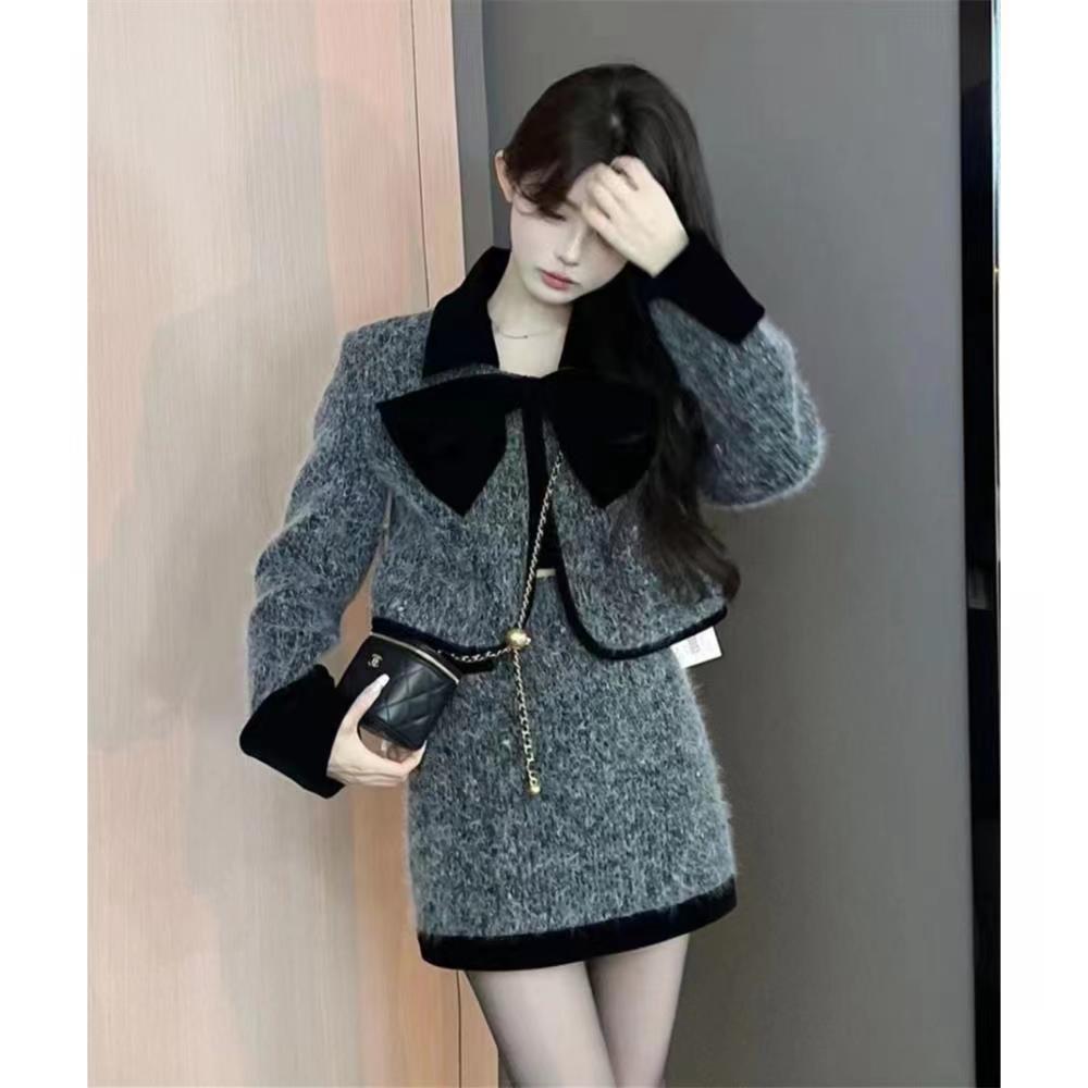 X-05小香风套装裙女秋冬名媛高级感蝴蝶结毛绒短外套半身裙两件套