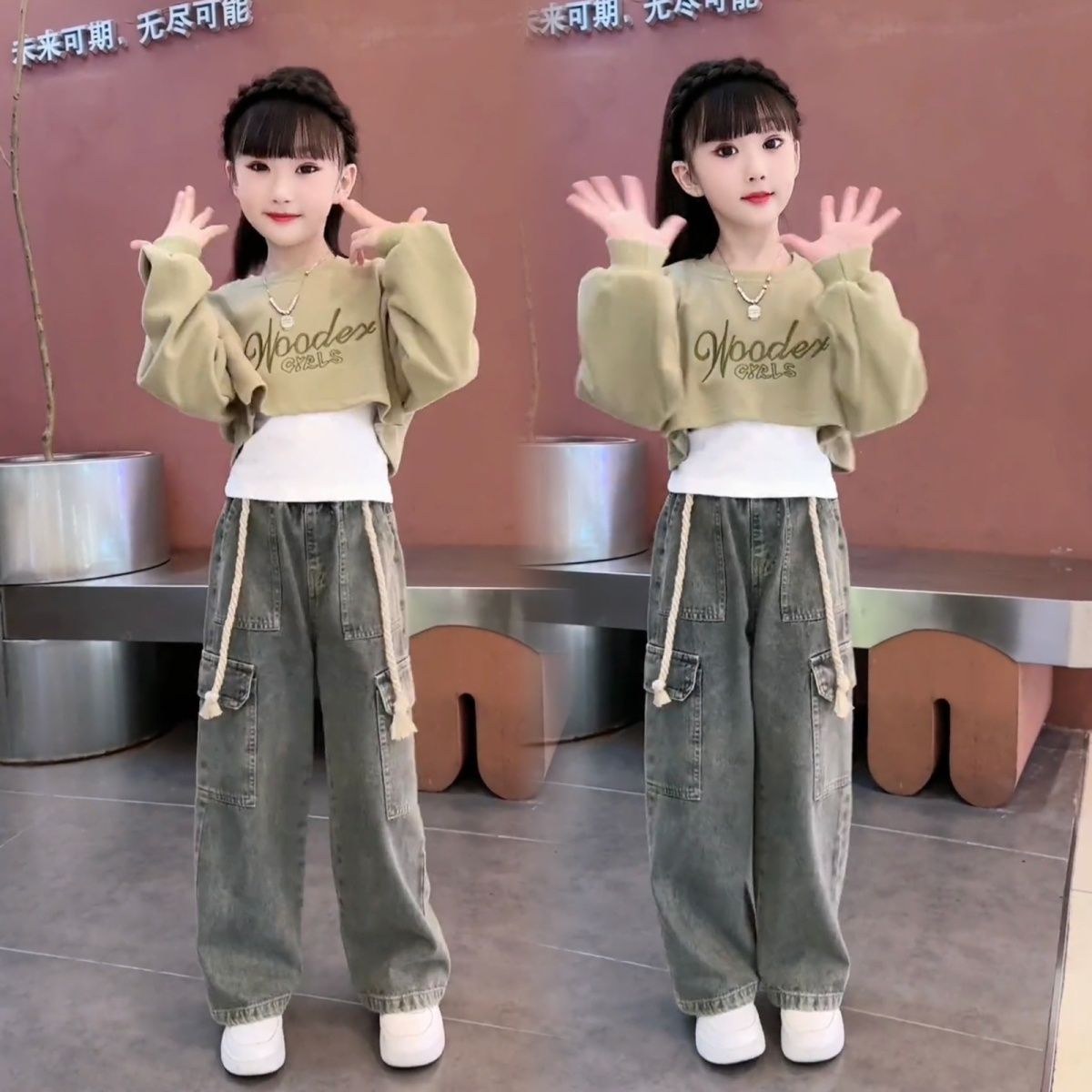 女童秋装套装2025新款洋气时髦网红女孩卫衣春秋季牛仔裤三件套潮