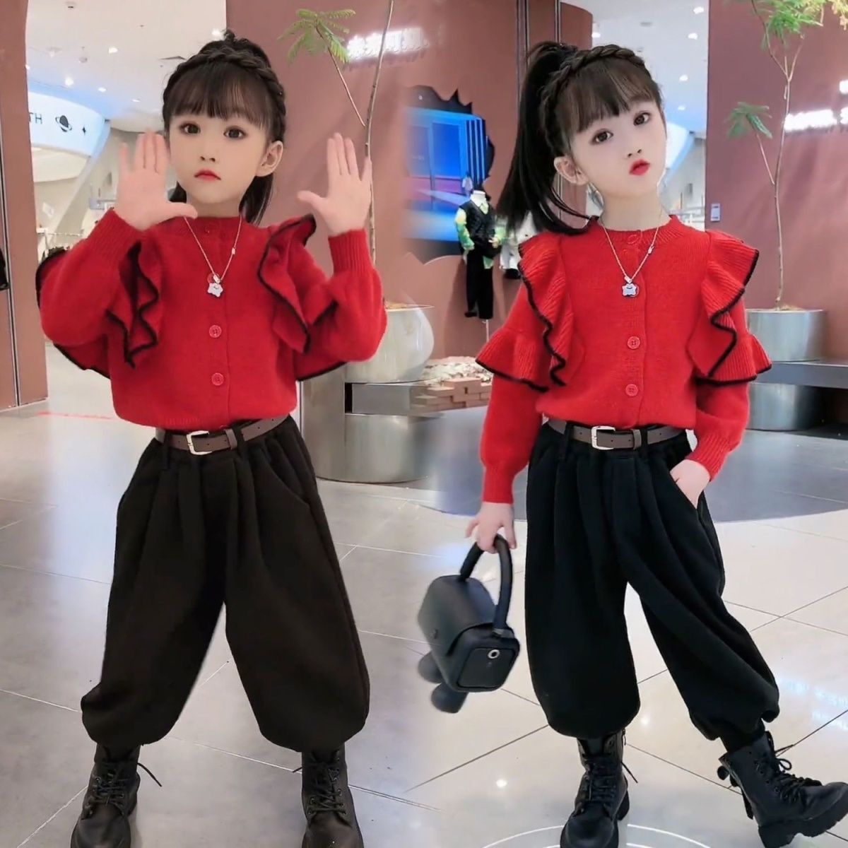 女童套装秋冬装2025新款洋气儿童设计感木耳边纯色开衫毛衣两件套