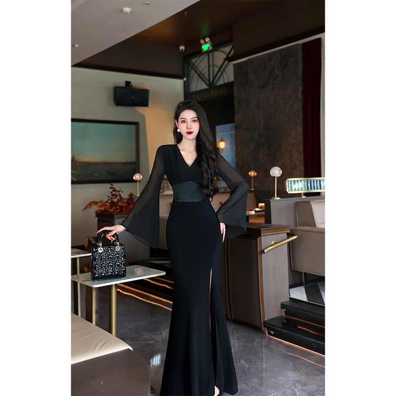 【尤克菲儿】原创设计轻奢名媛水晶麻拼接醋酸显瘦喇叭袖时尚连衣裙