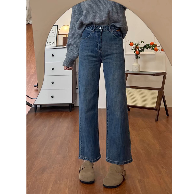 窄版弹力直筒牛仔烟管裤女秋季新款胖mm高腰遮胯显瘦九分法棍裤子