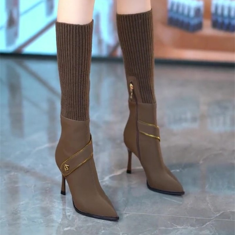 韩版两穿弹力套筒细跟瘦瘦靴女2024秋冬款金属扣带尖头高跟骑士靴