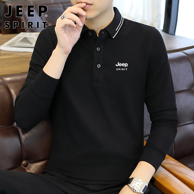 JEEPSPIRIT黑色长袖t恤男士春秋季上衣潮流牌打底衫休闲Polo衫男