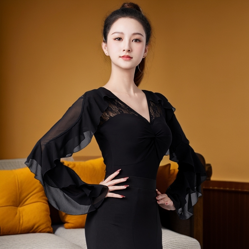 华尔兹国标摩登舞连体上衣女新款蕾丝长袖拉丁舞跳舞服装交谊舞服
