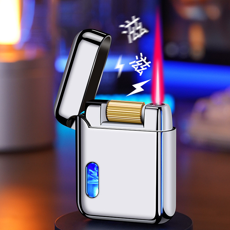 情侣礼物新款创意充电防风滚轮点火直冲红焰打火机LED带灯打火机