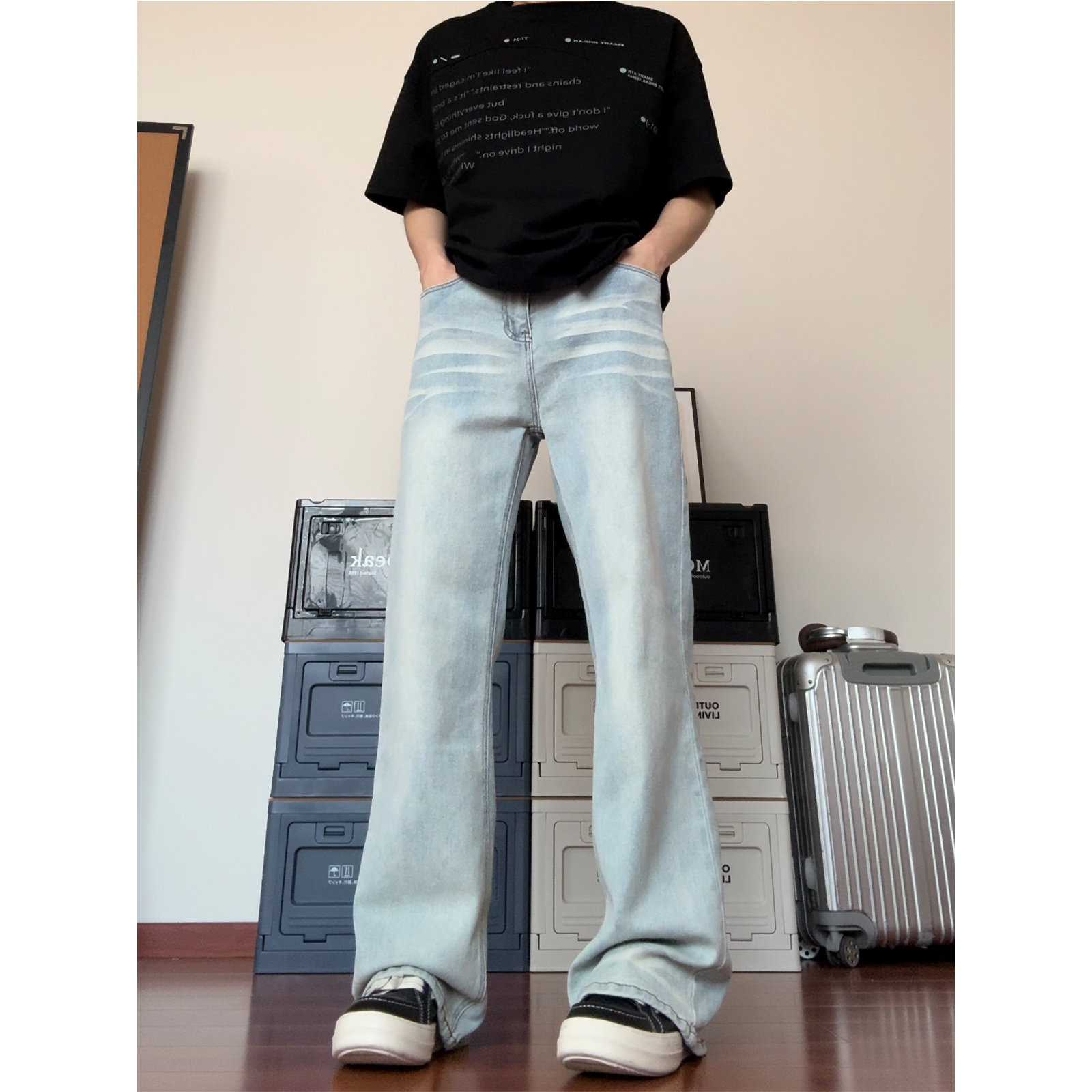 布老哥Blog美式复古水洗直筒牛仔裤宽松微弹做旧垂感百搭长裤K703