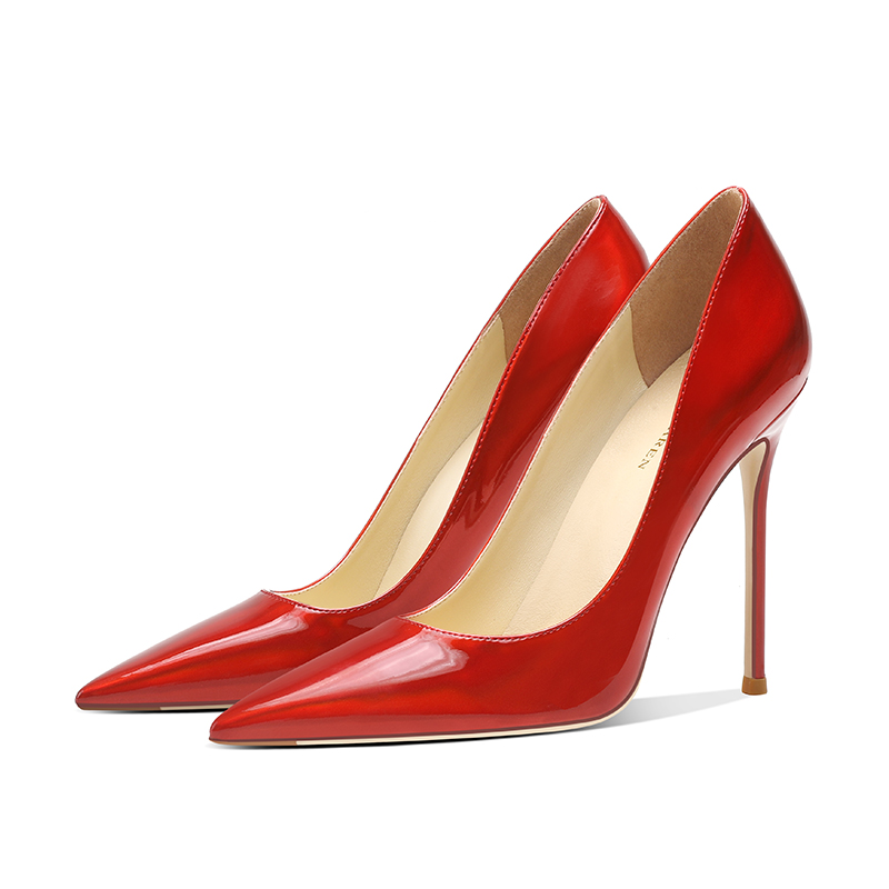 2025春秋时尚新款镭射漆皮高跟鞋女细跟尖头红色婚鞋性感礼服单鞋