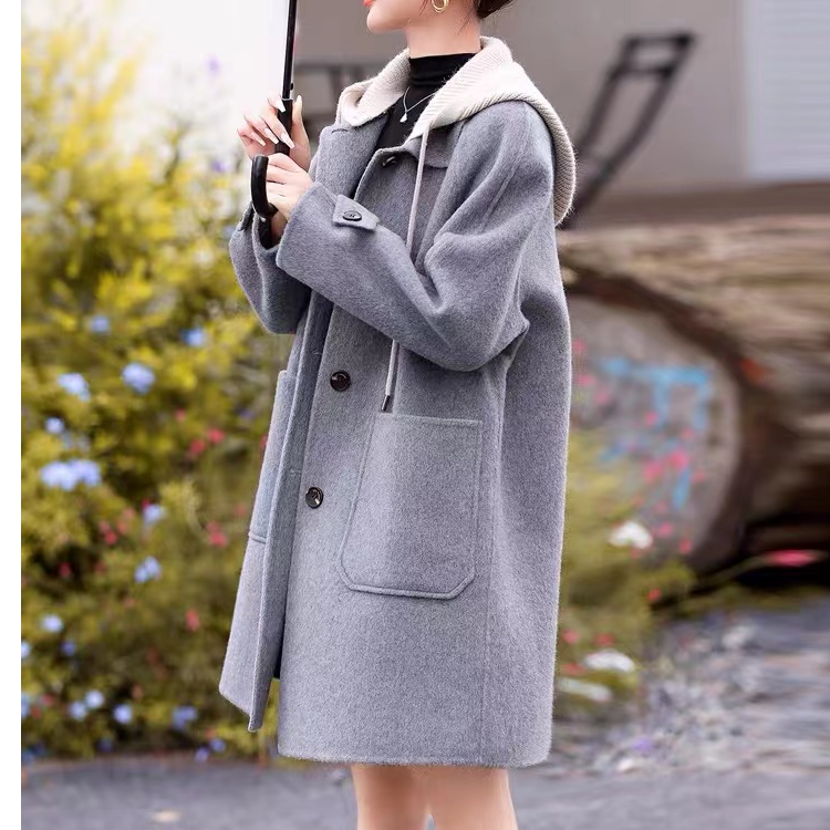 小个子休闲连帽双面羊绒大衣女中长款高级感毛呢外套