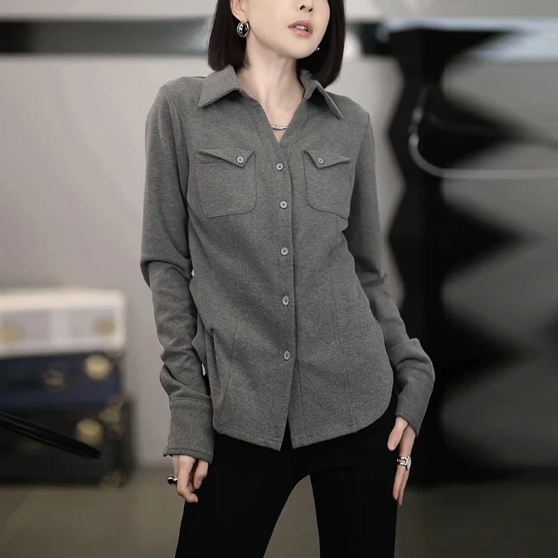 时尚外套洋气修身通勤衬衫纯色百搭设计感韩版印花长袖衬衣外衣女