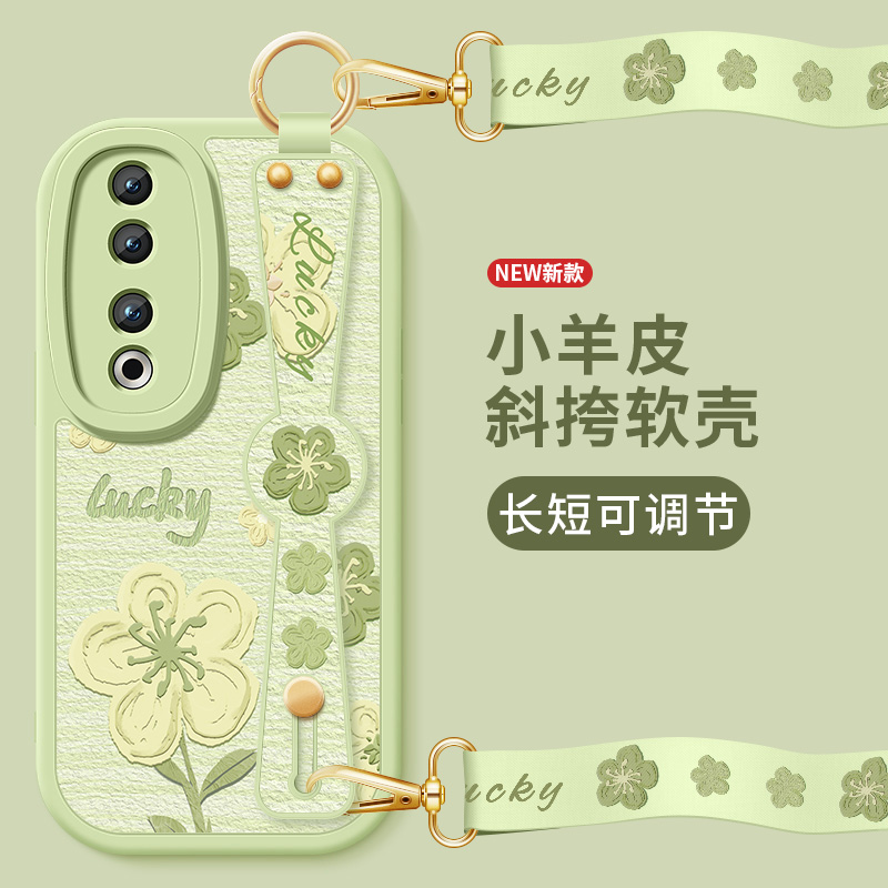 油画小花荣耀90手机壳90pro新款荣耀90gt小羊皮斜挎腕带硅胶软壳