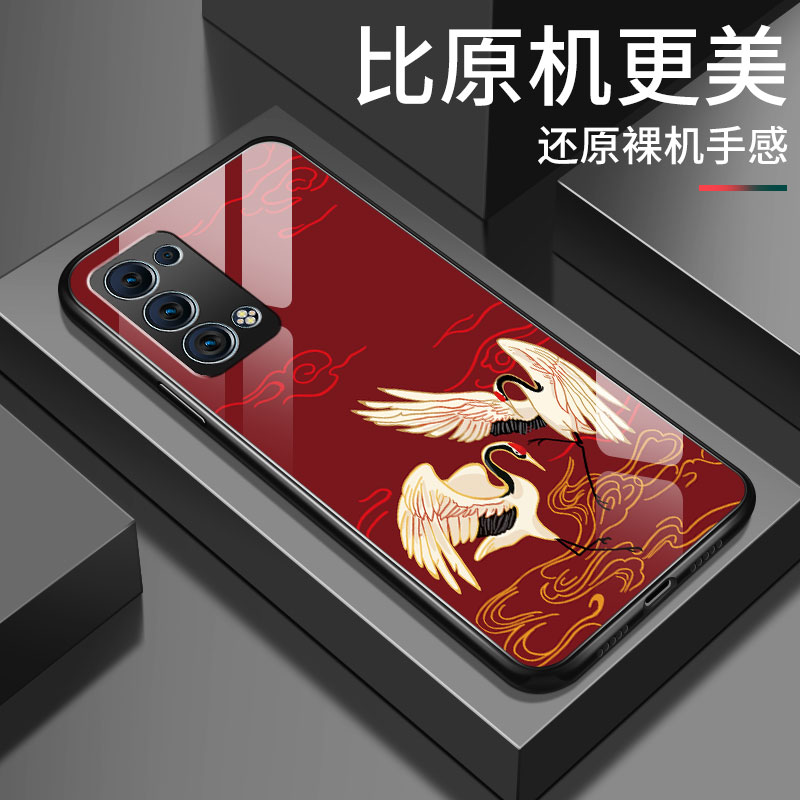 opporeno6手机壳新款reno6pro国潮仙鹤钢化玻璃oppo网红情侣全包