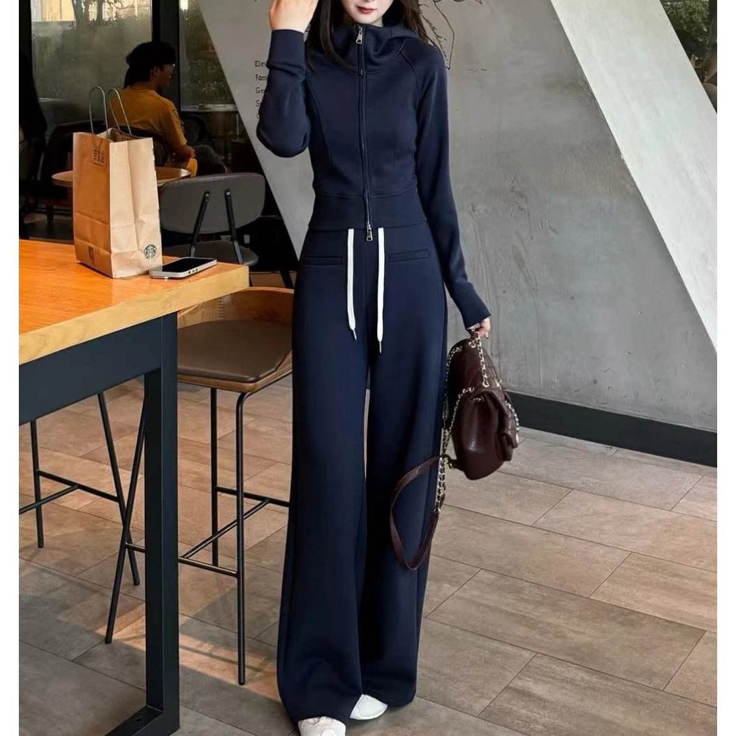 时尚减龄运动风套装女春秋高级感休闲连帽外套高腰直筒长裤两件套