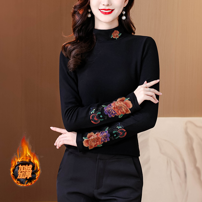 民族风秋冬复古高弹t恤上衣薄绒保暖棉绣花高领拼接花边打底百搭