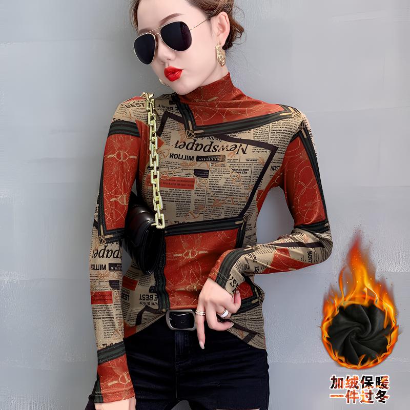 加绒加厚2025冬季新款高领长袖网纱印花t恤女时尚修身打底衫上衣