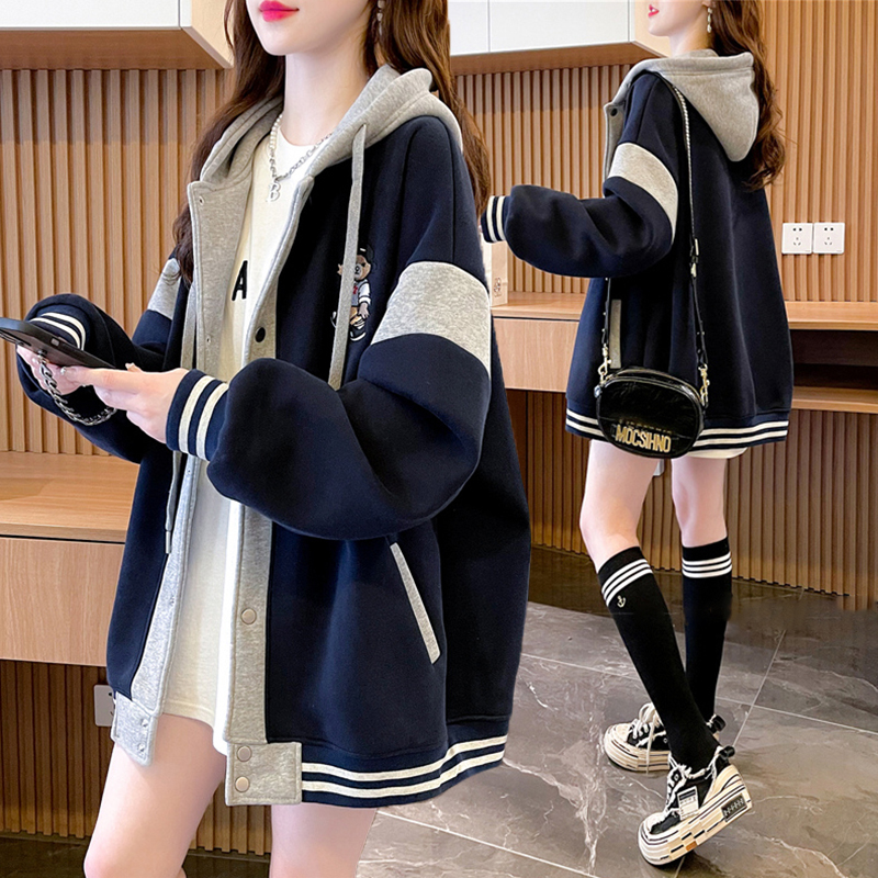 大码女装胖mm拼色连帽薄款卫衣女秋冬新款韩版宽松休闲设计感外套